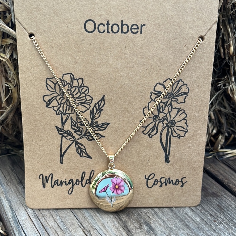 Pink Cosmos October Birth Flower Gold Locket Necklace